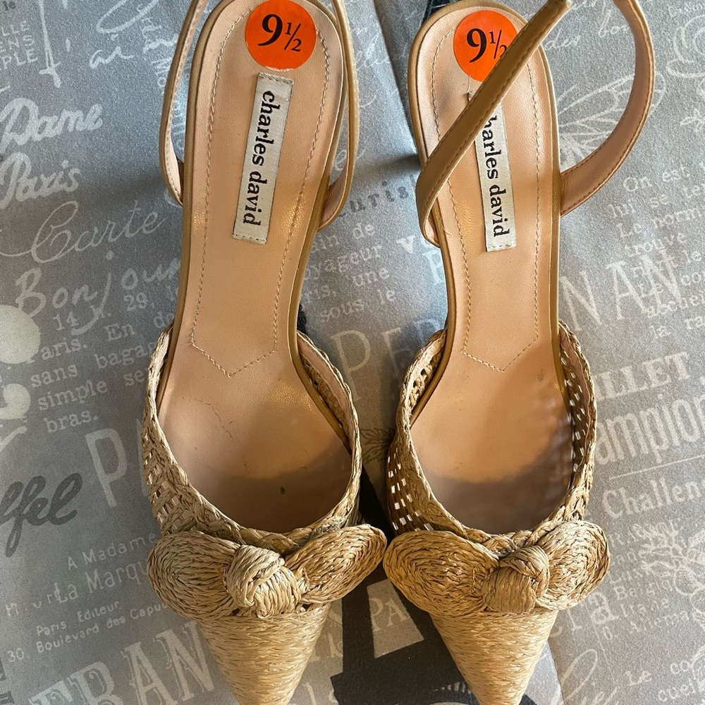 Charles David Tan Heels with Pointed Toe and Slingback Straps